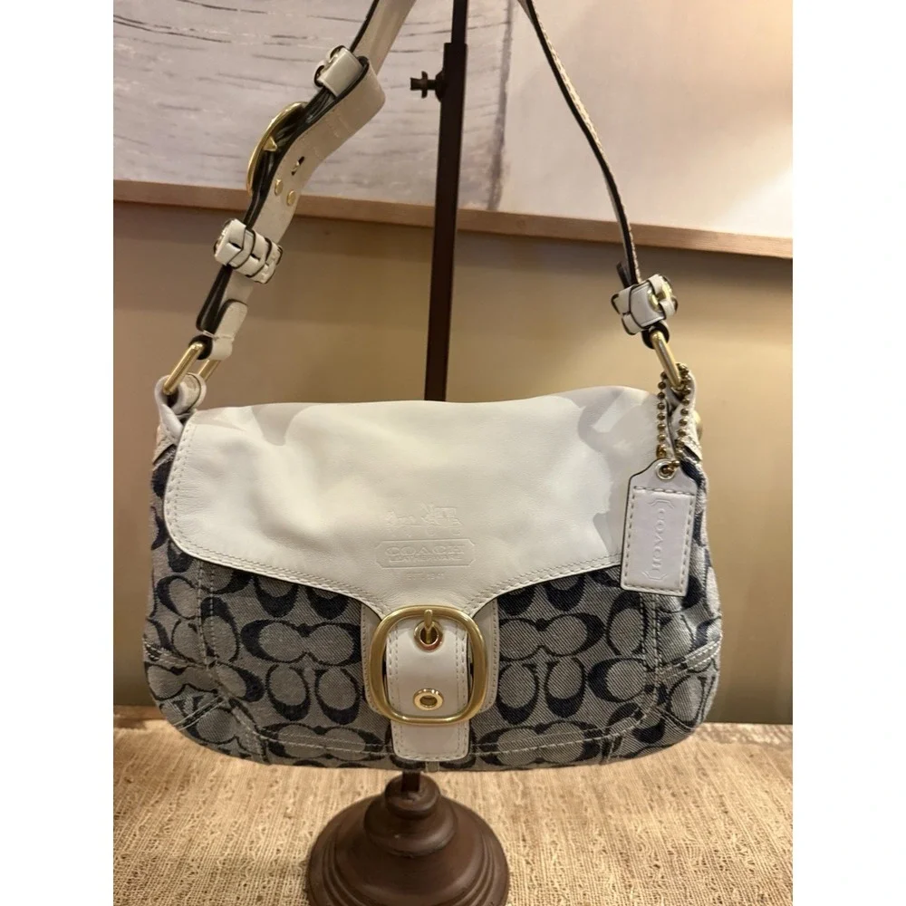 Vintage Coach Bleecker Denim Signature White Leather Trim Flap Bag Satchel 11772